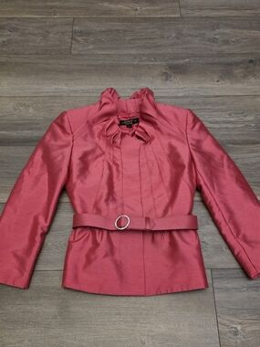 Women's Pink Ruffle Collar Belted Satin Blazer